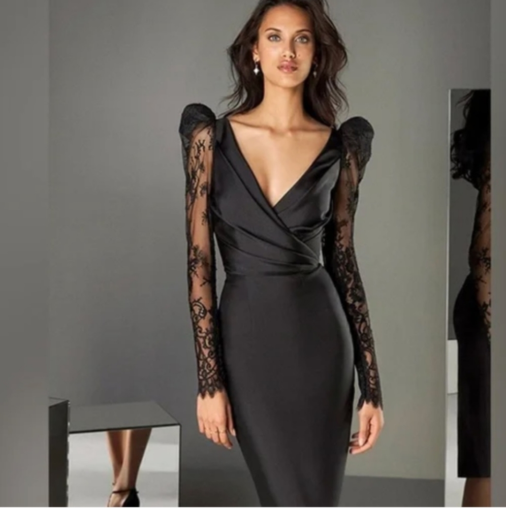 NWT PartyEdit by Pronovias black mikado with lace sleeve cocktail dress SZ 8